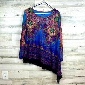 Calessa Asymmetrical Hem Colorful Boho Long Sleeve Layer Blouse Women’s Size XL